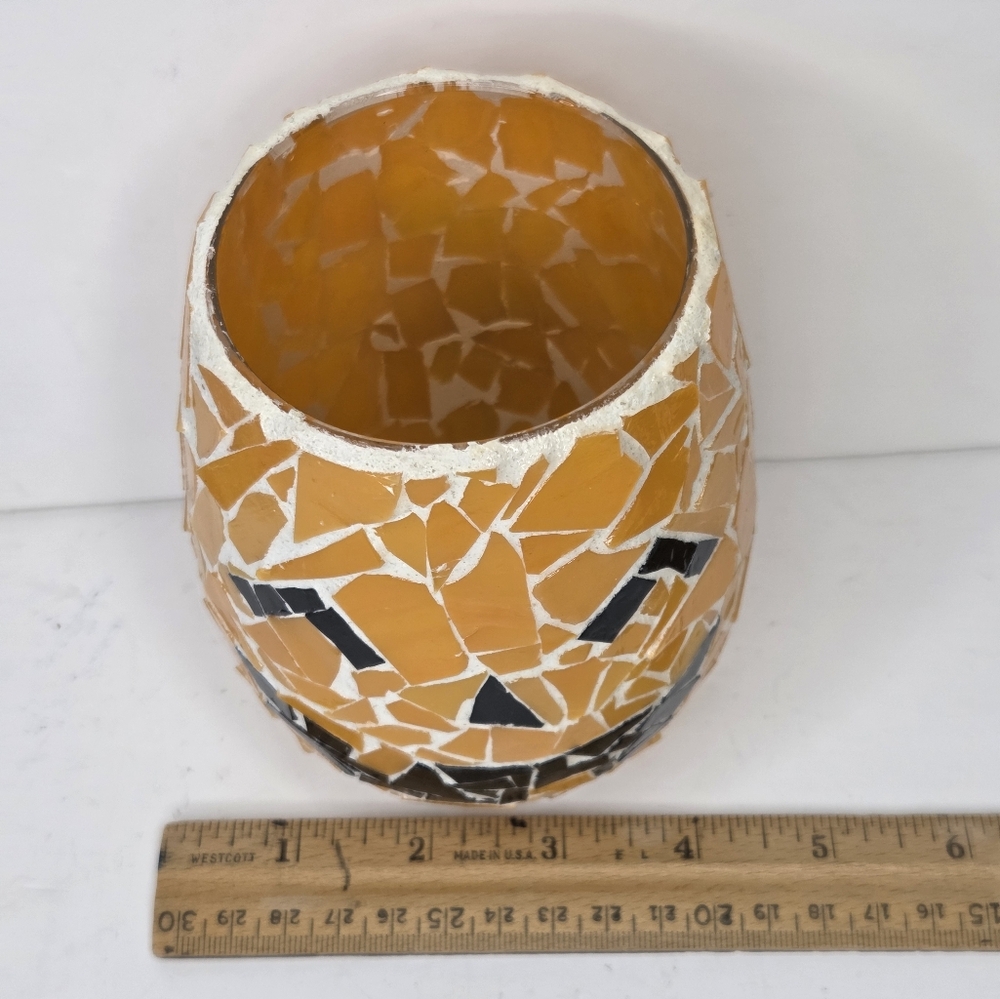 Mosaic Orange Pumpkin Jackolantern Candle Holder Jar Vase Halloween Decor - Picture 4 of 11